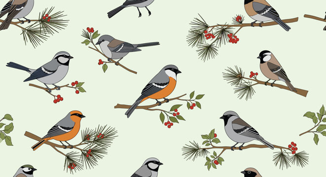 Seamless pattern of small birds perched on pine branches with red berries against a pale green background in a flat design.