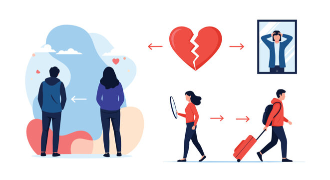 Illustration of a couple breaking up showing a split heart and people walking away with suitcases after a relationship end.
