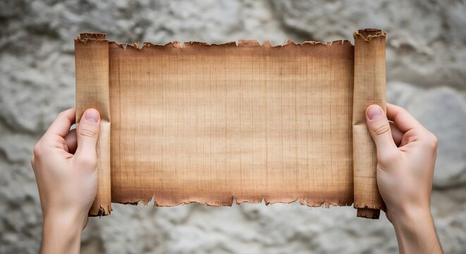Hands holding a blank antique papyrus scroll for text copy space