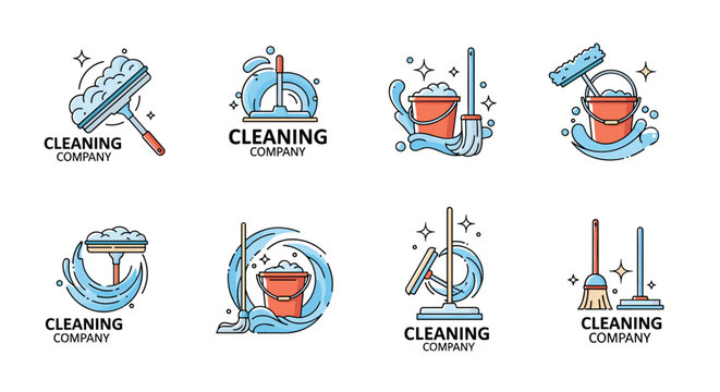 Selection of cleaning company logos featuring blue water splashes, mops, buckets with soap suds, and window squeegees.