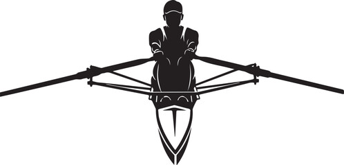 Overhead silhouette of a single scull rower in a racing shell with oars extended on white background © HARUN