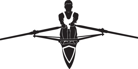 Overhead silhouette of a single scull rower in a racing shell with oars extended on white background © HARUN