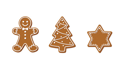 Fototapeta premium Selection of three traditional gingerbread cookies shaped like a man, a Christmas tree, and a star with white icing.