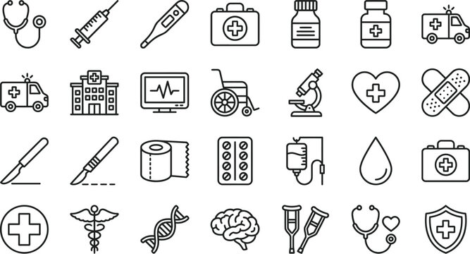 Medical Icons Set Linear Style On White Background