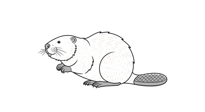 Detailed monochrome line drawing of a beaver standing on all fours with its characteristic flat tail and sharp teeth.