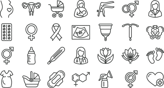 Pregnancy And Healthcare Line Icons On White Background