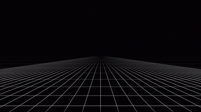 White geometric perspective grid scrolling through dark space, seamless looping cyberpunk landscape 4k video