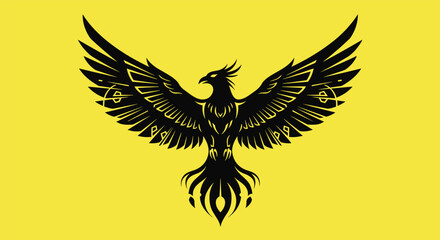 Fototapeta premium Heraldic black eagle symbol with spread wings and ornate patterns on a vibrant yellow background representing power strength and nobility.