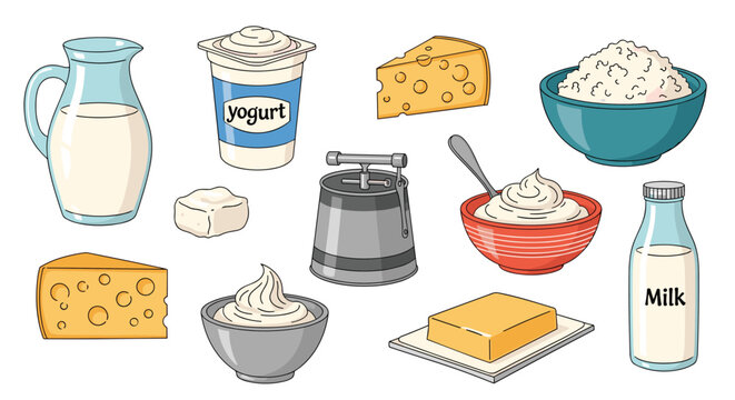 Various dairy products set including a milk jug yogurt cup cheese wedges butter block and cottage cheese bowl in a clean style.