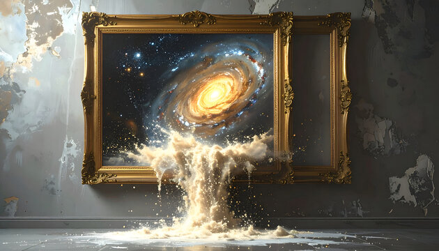 Galaxy bursting through golden ornate picture frame with liquid spill effect on gallery floor against grunge wall backdrop