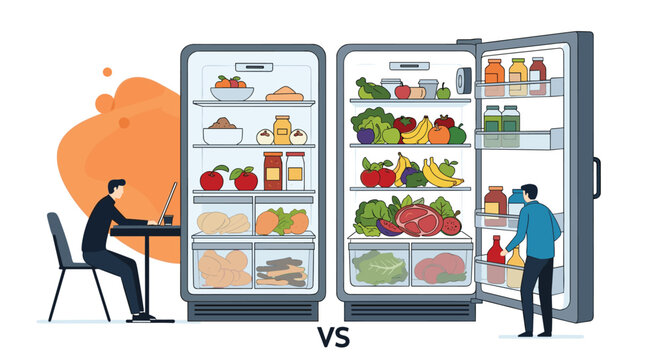Comparison between an empty refrigerator and a well stocked fridge full of healthy food representing meal planning and abundance.