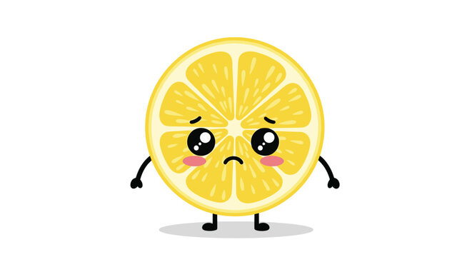 Cute cartoon character of a lemon slice with a sad expression and large watery eyes representing disappointment or sourness.