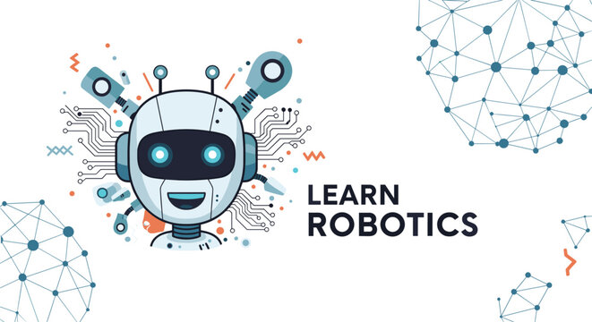 Robotics education concept graphic featuring a friendly robot head with circuitry details and modern geometric shapes on a white background.