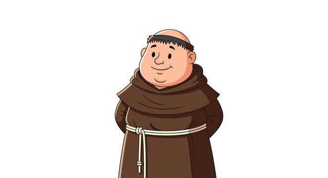Friendly cartoon monk character wearing a traditional brown habit with a rope belt standing with a gentle smile on a white background.