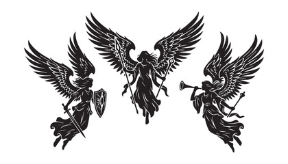Fototapeta premium black and white silhouette set of Mythical Angels very high quality vector illustration.
