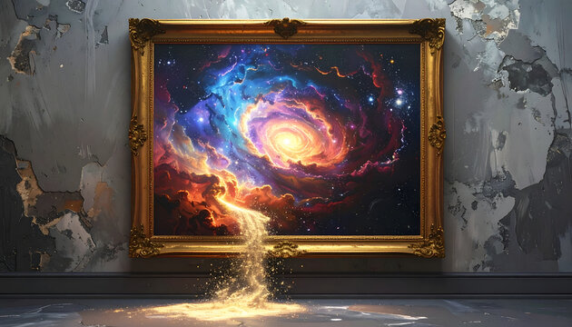 Gold framed artwork of a vibrant cosmic nebula with a swirling vortex emitting golden light onto a reflective surface against a distressed wall