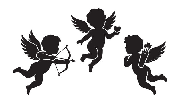 black and white silhouette set of Cupid very high quality vector illustration.