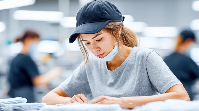 A focused worker in a factory setting wearing a cap and mask, deeply involved in her work.