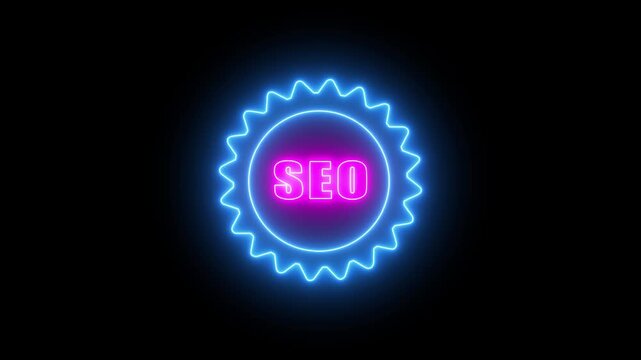 SEO glowing neon icon representing optimization and search engine strategies icon animation.on a black backgraund ,4k video animation .