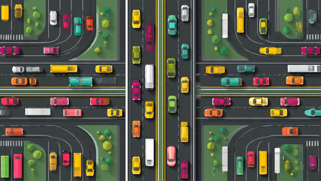 Colorful urban traffic intersection with multiple vehicles and green landscaping features