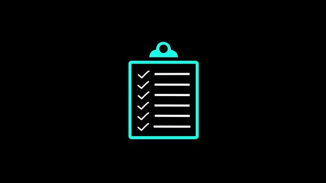 Clipboard icon isolated , Check mark and business Checklist icon animation . business documents analysis icon isolated .on a black backgraund.4k video animation.