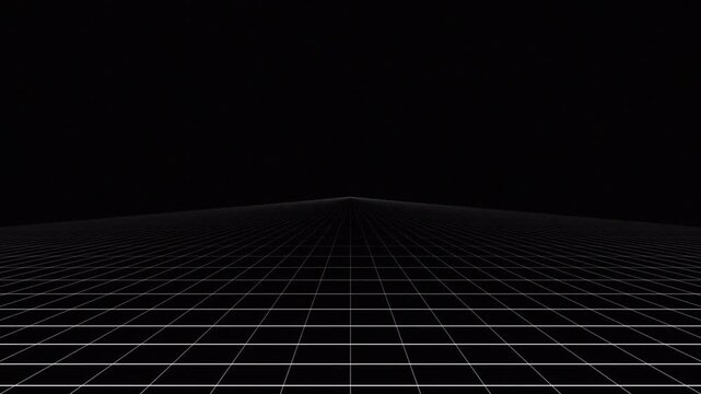 Infinite 3D wireframe grid floor moving forward in a seamless loop, minimalist digital technology background 4k video