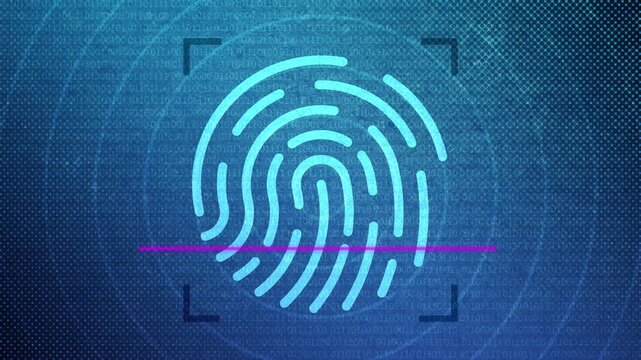 Fingerprint scanning animation with biometric authentication interface, digital identity verification, access control technology, cybersecurity protection concept, futuristic security motion graphic