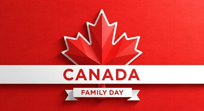 Canada family day celebration graphic with maple leaf and red brick texture