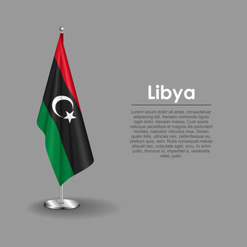 Libyan national flag on a metallic vertical stand. Vector illustration.