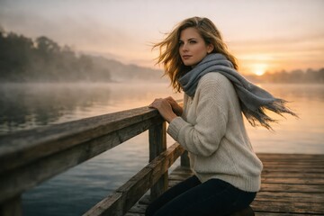 Fototapeta premium Lakeside Deck Portrait Of Woman in Morning Mist with Reflective Water
