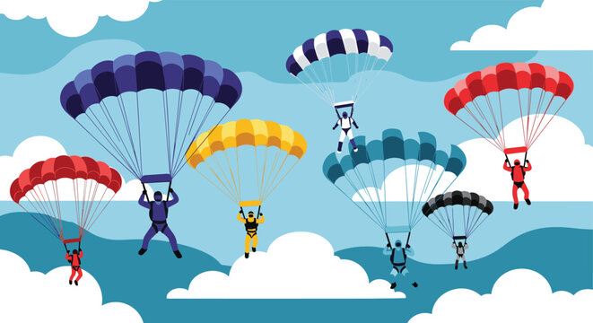 Group of skydivers descending through a blue sky with white clouds using vibrant and colorful parachutes during a jump.