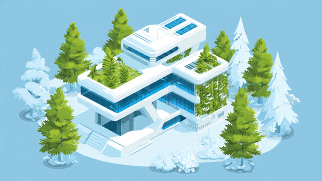 Modern futuristic house with multiple terraces surrounded by lush green trees in winter