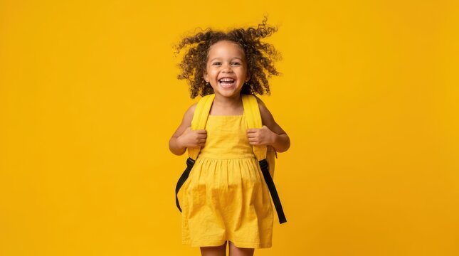 Joyful African American school girl with backpack on yellow background