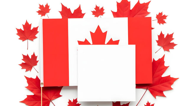 Canadian flags and maple leaves arrangement with blank cards