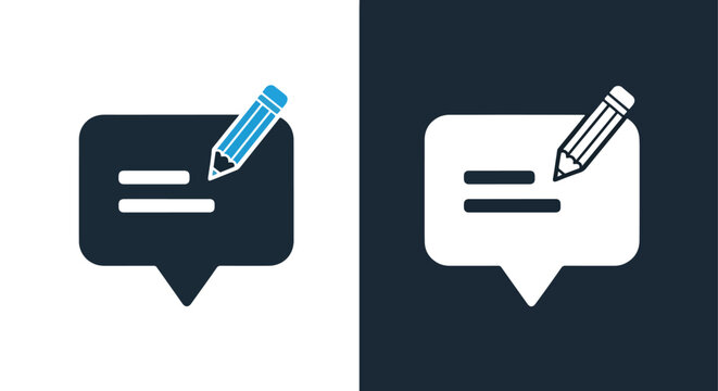 Speech bubble with pencil writing icon: Clipart, sticker - icon set - Line and glyph solid icon and logo template 