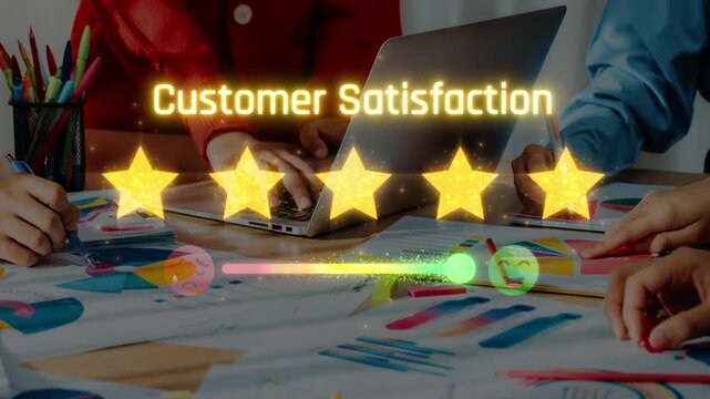 A dynamic office setting showcasing teamwork and creativity with customer satisfaction symbols. Perfect for illustrating collaboration, feedback, and productivity. Raster