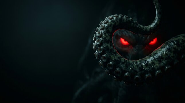 A terrifying space monster with bright red eyes and numerous tentacles emerging from the dark depths. On a black background. Copy space.