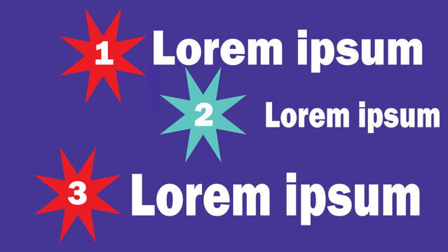 Purple flyer template vector with numbered starburst shapes, lorem ipsum text labels, and modern stylized list layout design