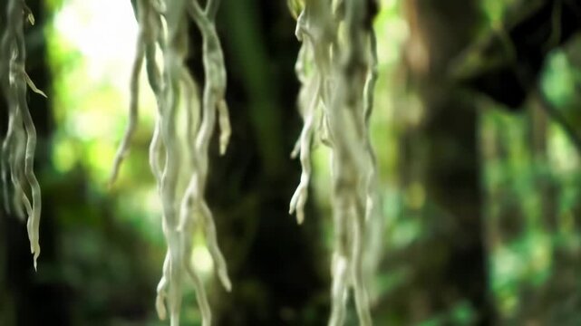 Close-up of rare ghost orchid roots hanging in a humid tropical forest. The Dendrophylax lindenii aerial roots are seen dangling in their natural swamp habitat environment.