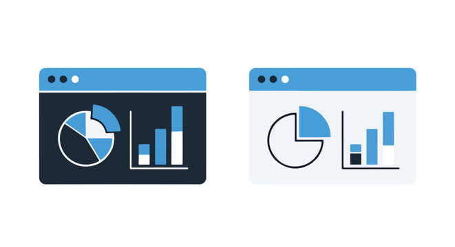 Browser window with business data charts: Clipart, sticker - icon set - Line and glyph solid icon and logo template 