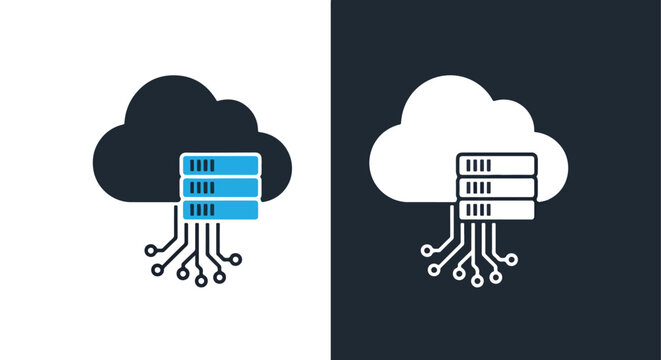 Cloud server network connection icon set: Glyph and solid icon set - Icon vector - logo icons. Blue, Black and white icons