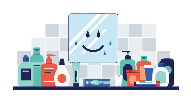 Bathroom shelf filled with various bottles of soap and shampoo next to a fogged mirror with a drawn smiley face and droplets.