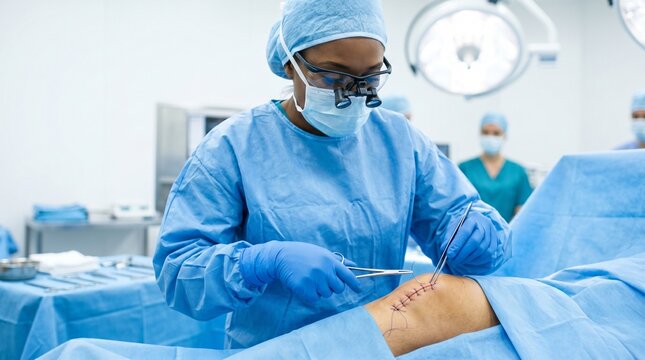 Female surgeon suturing patient knee in hospital operating room