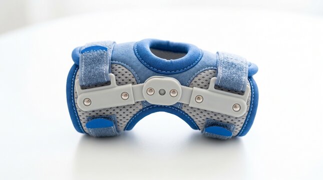 Blue orthopedic hinged knee brace stabilizer on white surface