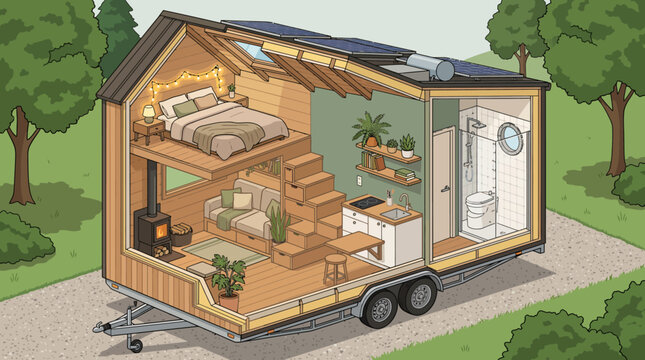 Detailed CrossSection View of a Modern Tiny House on Wheels.