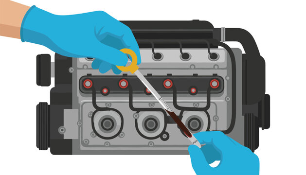 Blue gloved hands carefully inspect the oil level of a car engine using a dipstick in this clear, professional automotive maintenance view.