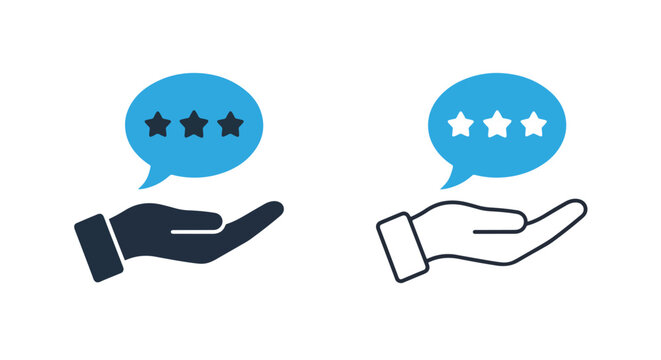 Hand holding speech bubble with stars: Clipart, sticker - icon set - Line and glyph solid icon and logo template 