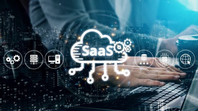Visual representation of SaaS showing infrastructure, SaaS deployment, SaaS platform features, and SaaS integration model in digital environment. Muxer