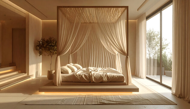 Luxurious canopy bed with flowing white curtains in a modern bedroom bathed in warm light evokes relaxation and elegance