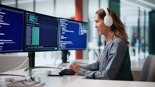 Software Developer Uses Cloud-based Coding Tools Wearing Headphones